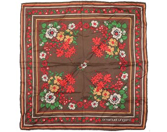 Vintage Scarf, Emanuel Ungaro Scarf, Brown, Red, White, Floral, Flowers, Signed Scarf, Designer Scarf
