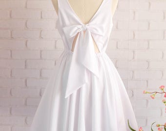 White bridesmaid dress white prom dress bow back party dress cocktail dress white short bridesmaid dress summer sundress overall dress