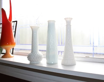 3 Vintage Milk Glass Bud Vases Retro Wedding Decor
