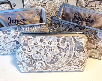 Grey Bridesmaid Lace Clutch Set of 5, 6, or 7, Personalized Lace Bridal Clutch, Bridesmaid Clutch, Lace Wedding Purse, 8-in Clasp