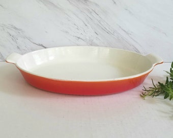 Descoware Belgium Cast Iron Oval Casserole, Cherry Flame Orange Au Gratin, Vintage Shallow Roasting Pan, Belgium Cookware, Lasagne