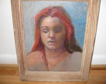 PASTEL DRAWING-Red Head In Antique Oak Frame 13 1/4" x 16"