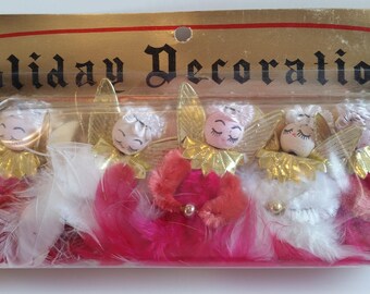 Vintage Angel Ornaments Set of 5 Spun Cotton Heads Feathers Christmas Package Tie-Ons NOS New in Package Made in Japan by Commodore