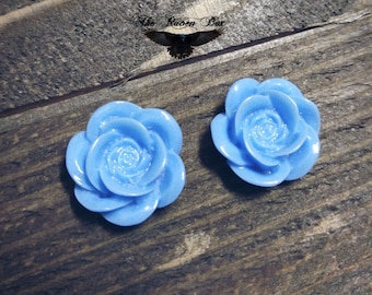 Flower Cabochons Light Blue Rose Resin Flowers 18mm Flower Flatbacks Glue On Flowers 2 pieces