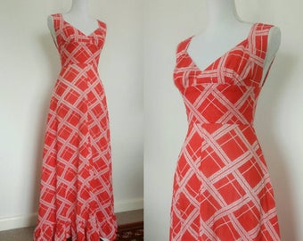 1970s Maxi cotton dress red with long dress summer sun dress size XS