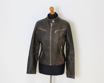 Brown Leather Bomber Jacket Distressed leather Biker leather jacket, Aged Leather Bomber / Brown Leather Rocker Blazer Small to Medium