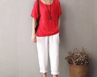 Women cotton and linen T-shirt – Short sleeve thin loose t-shirt
