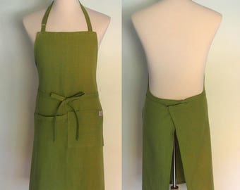 Linen Chef Apron with Pockets and Towel Loop in Olive Green, Men's Linen Apron, Extra Wide Apron, Oasis Linen, Gourmet Gift, Foodie Gift