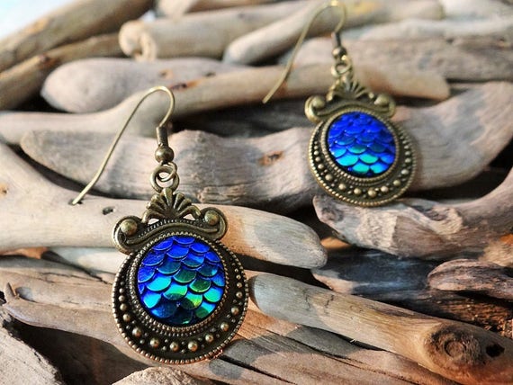 Dark Blue Teal Sheen Mermaid Tail Little Scale Scales Dragon Dragons Iridescent Earrings Bronze Tone Siren Mermaids Earring Ear Ring Rings