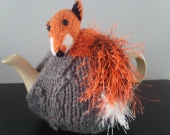 Hand Knitted Tea Cosy - Fox with a Bushy Tail - to fit small 2 cup tea pot