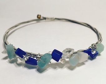 Blue Sea-Glass Upcycled Guitar String Bangle