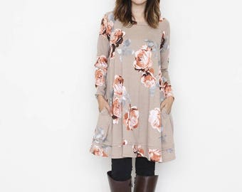 Rose Print A Line Tunic With Pockets