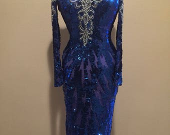 VTG Blue and Silver Beaded Sequin Dress // Embellished Cold Shoulder Dress