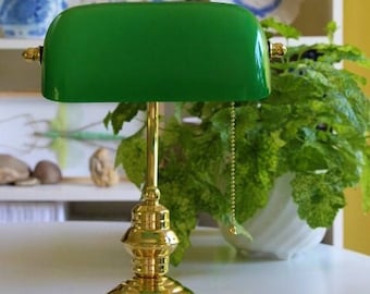 Solid Brass Bankers Lamp Green Glass England London library university edwardian art deco nouveau shade tiffany desktop desk top