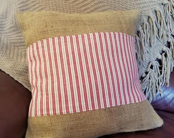 Red Ticking Pillow, Ticking Pillow, Red Striped Pillow, Burlap Pillow, Rustic Pillow, Farmhouse Pillow, Farmhouse Decor, Rustic Decor