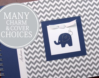 Baby Memory Book | Baby Book | Baby Album Photo Book & Journal | Personalized Baby’s First Year Book | Elephants | Gray Chevron + Navy Blue
