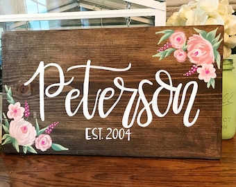Hand Painted Wood Sign, Custom Last Name Sign, Wedding Decor, Gallery Wall Sign, Hand Painted Floral Sign, Anniversary Gift, Housewarming