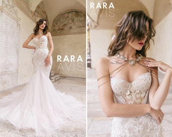 Mermaid wedding dress TEINI with gold lace embroidery and long train by RARA AVIS • Luxury wedding dress • Unique wedding dress •