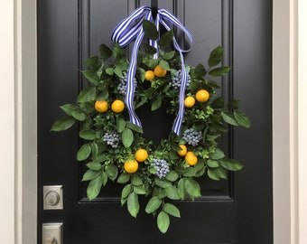 Front Porch Wreaths, SUMMER WREATHS, Lemons and Blueberry Wreath, Yellow Lemons Wreath, Boxwood and Lemons, Summer Door Wreaths