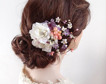 floral headpiece, floral hair clip, bridal hair clip, peach wedding, purple hair clip, white flower hair clip, wedding headpiece w/ crystals