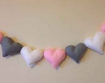 Felt garland, heart garland, pink hearts, pink heart garland, nursery garland, nursery decor, valentines decor, wedding garland