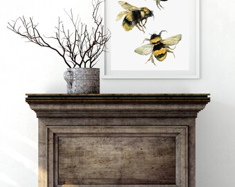 bumble bee watercolor print- bee watercolor- bee painting- nature artwork- honey bee- bee lovers gift- bee print