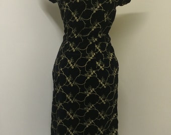 Vintage 50s Black Velvet with Gold embroidery Wiggle Dress