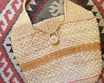 Vintage hand woven wicker tote bag