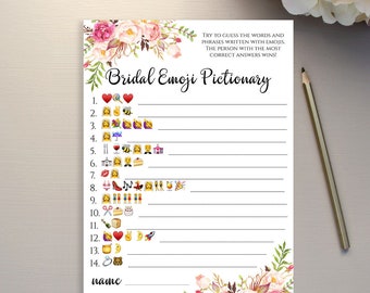 Emoji Pictionary Bridal Shower game printable Floral Bridal Emoji game template Instant download PDF JPEG 5x7