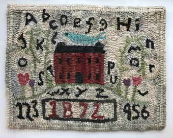 Primitive Folk Art Hooked Rug Sampler with Red Farmhouse