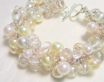 Sweet Pale Pink Bridal, Bridesmaid, Pearl Crystal Bangle Bracelet LIMITED EDITION, Hand Knit Art, Original Sereba Designs