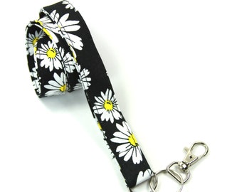 DAISY Fabric Lanyard, Floral Lanyard, Daisy Badge Holder, Black Lanyard, Flower Lanyard