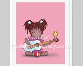 Guitar art print music art girls room, nursery art, nursery decor, kids decor, children art prints, African art Guitar Lesson 2, 8x10