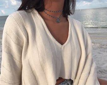 Rustic-Gunmetal Blue Beaded Rosary Chain Indian Coin Double Wrap Choker Necklace. New: White or Black Bead, Copper or Bronze Finishes