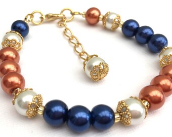 Navy Blue and Burnt Orange Bracelet and Earrings Set, Jewelry Set, Pearl Bridesmaid Jewelry, Single Strand Bracelet, Block Colour Jewelry