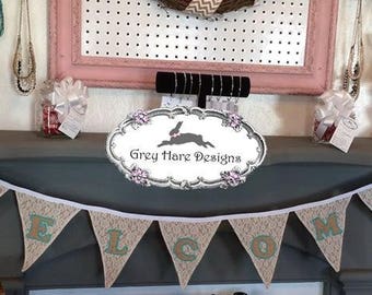 WELCOME Burlap and Teal Pennant Bunting