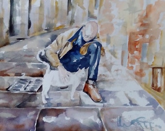 Original watercolor painting by White cat-original painting watercolor withe cat