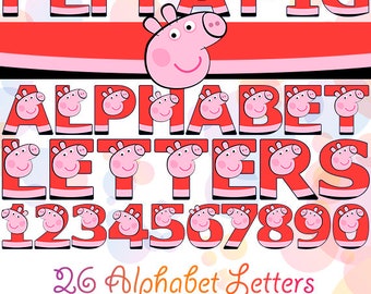PEPPA PIG Digital Alphabet 36 PNG Letters & Numbers Printable Font Instant Download Clipart Graphics Birthday Baby Child Party Decorations