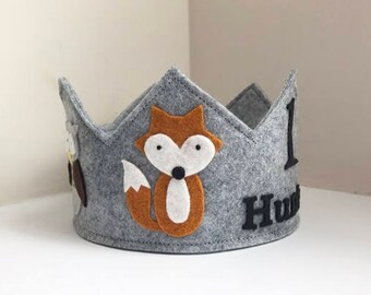 Woodland Birthday Crown, Fox, Raccoon, Owl, Baer, Woodlands Birthday, Party Hat, Wool Felt Crown, Photo Prop, Birthday Decor