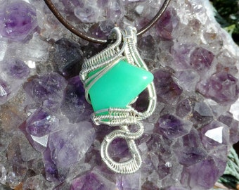 Handmade .925 Sterling Silver Wire-Wrapped Chrysoprase Pendant with Necklace