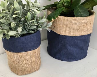 Indigo Blue Denim Hessian Planter Bag
