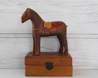 Vintage Wood Hand Painted Folk Art Horse , Vintage Carved Wood and Painted Horse