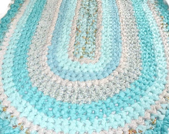 Crochet Rag Rug 32" X 52" Handmade Oval Cotton Crochet Rug Assorted Turquoise Aqua and Floral Ready to Ship