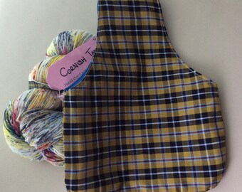 Small knitting project bag, wrist bag, over arm project bag, Cornish tartan fabric, knitters project bag, knitters gift bag.