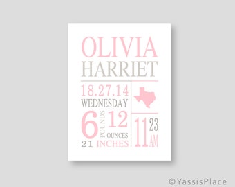 canvas art birth stats baby girl nursery pink nursery art