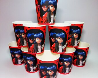 Miraculous Lady Bug Paper cups 10 pcs. Paper cups for children's party or birthday. Series of paper cups for party. Miraculous Ladybug cups.