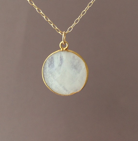 Items similar to Gold White Moonstone Circle Necklace Long or Short on Etsy