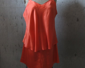 Orange Silk Lingerie Set Camisole Tap Pants Plus Size Sleep Lounge Wear Vintage 2X