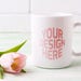 White coffee mug mockup with tender pink tulip flower. Empty mug mock up for design promotion. Mug template. Mug mockup. Coffee mug mockup