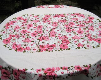 Pink floral tablecloth, vintage mid century rectangle tablecloth, roses, daises, shabby cottage chic decor, 62 x 74 inches